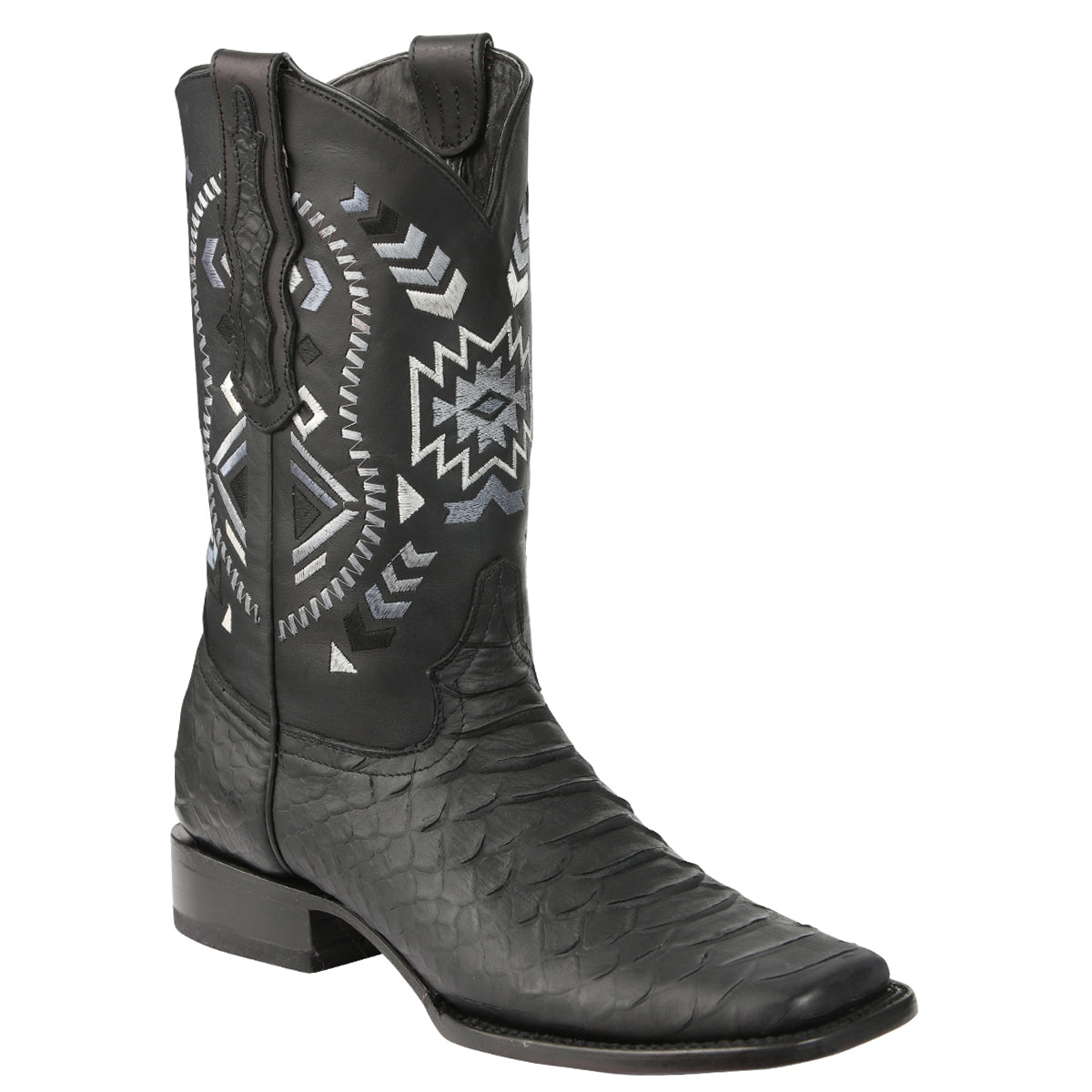 El General Black Snakeskin Print Square Toe Boots
