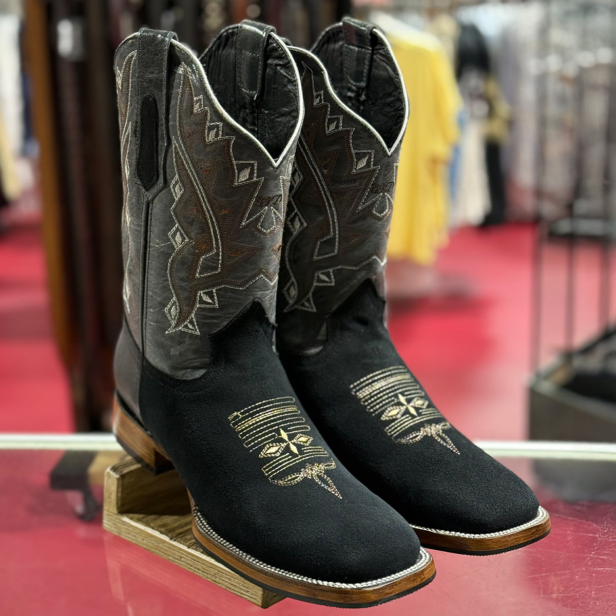 White Diamonds Black Square Toe Boots