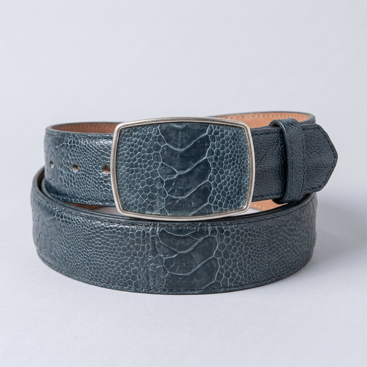 Los Altos men's blue genuine ostrich leg leather belt with a rectangular silver-framed buckle featuring a matching ostrich leg scale inlay.