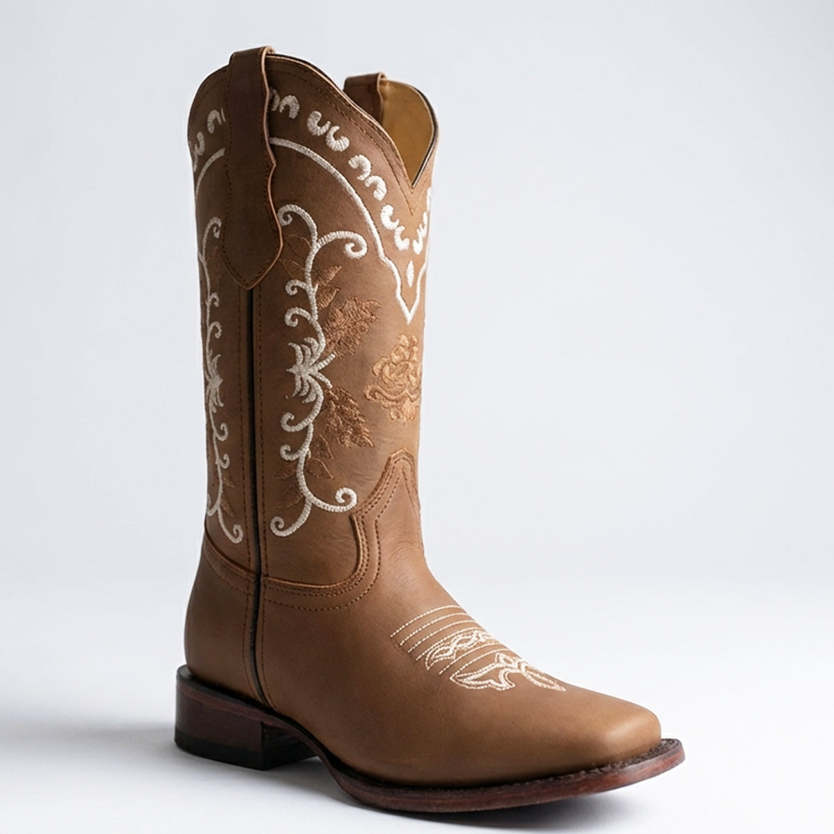 Hooch women's tan brown flowered embroidered square toe western boot.