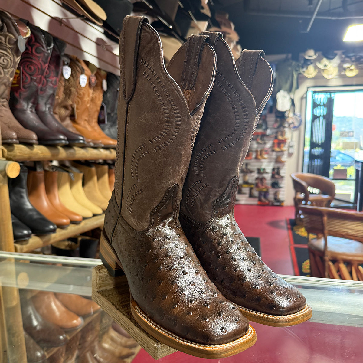 Brown Ostrich Print Boots