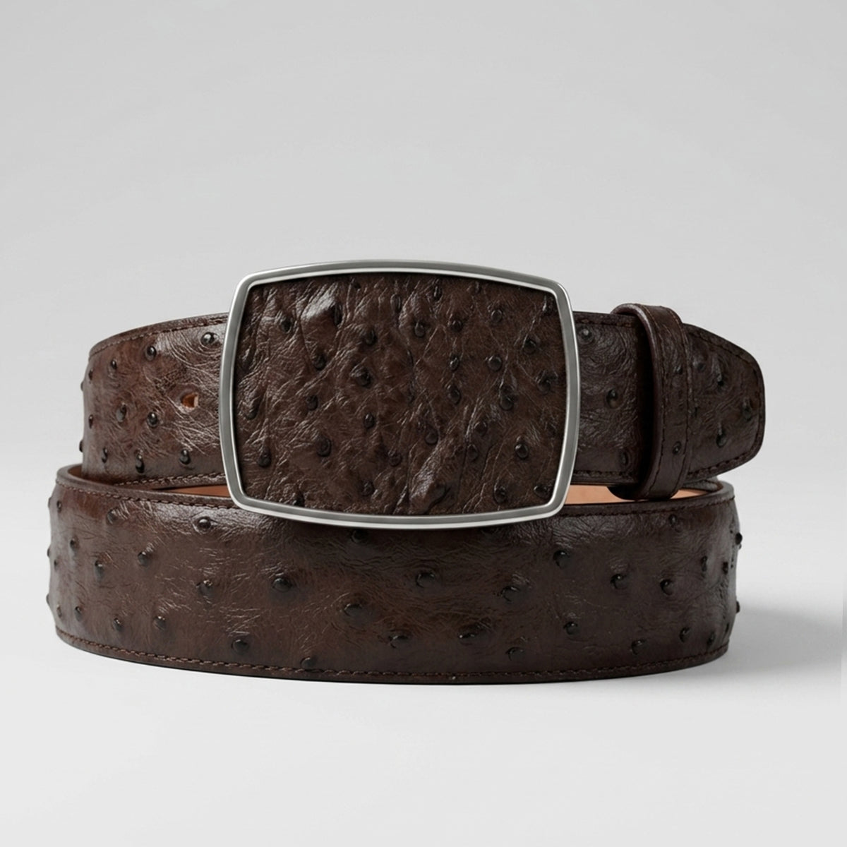 Los Altos men's dark brown full quill ostrich leather western belt with silver square buckle.