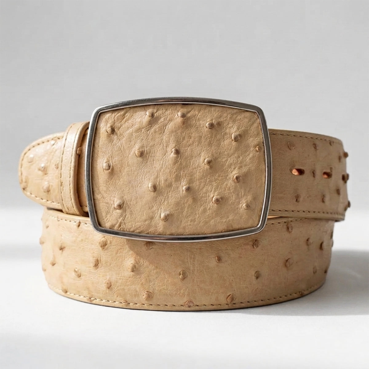 Los Altos men's oryx beige full quill ostrich leather belt with a large rectangular silver-tone buckle.