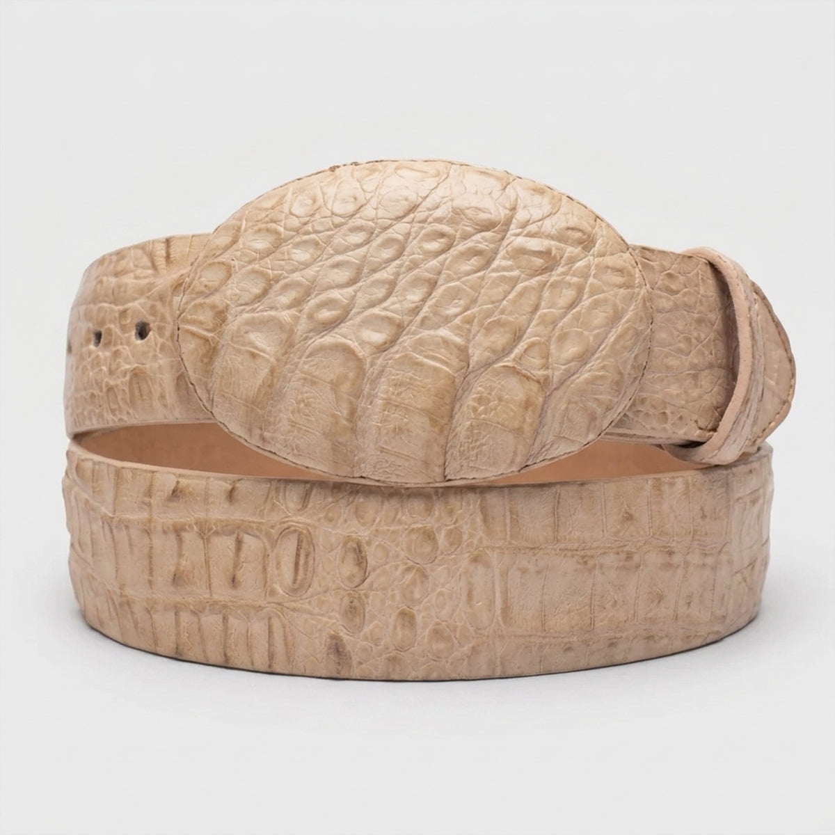 Los Altos men's oryx beige genuine caiman belly leather belt showing distinct textured tile scales and a matching oval leather-inlay buckle.