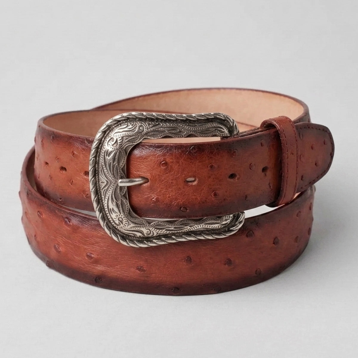 Los Altos men's burnished cognac brown genuine full quill ostrich leather western belt with western heel-bar buckle.