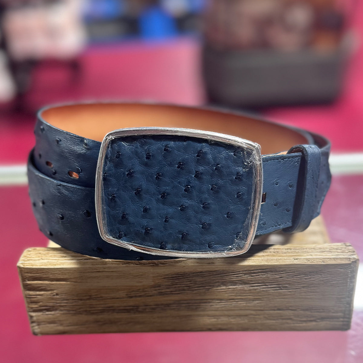 Blue ostrich cowboy belt