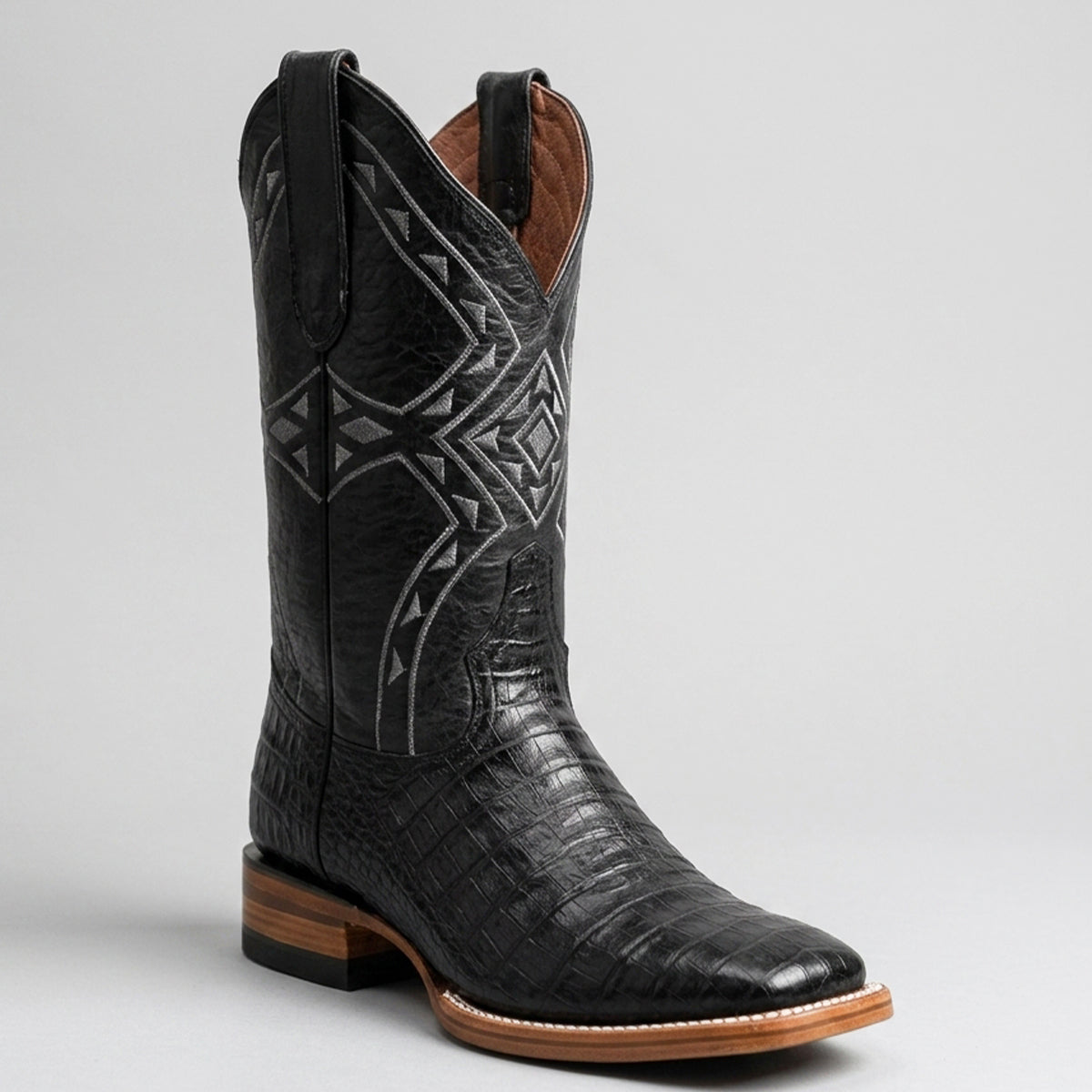 White Diamonds men's black caiman belly leather print square toe boot.