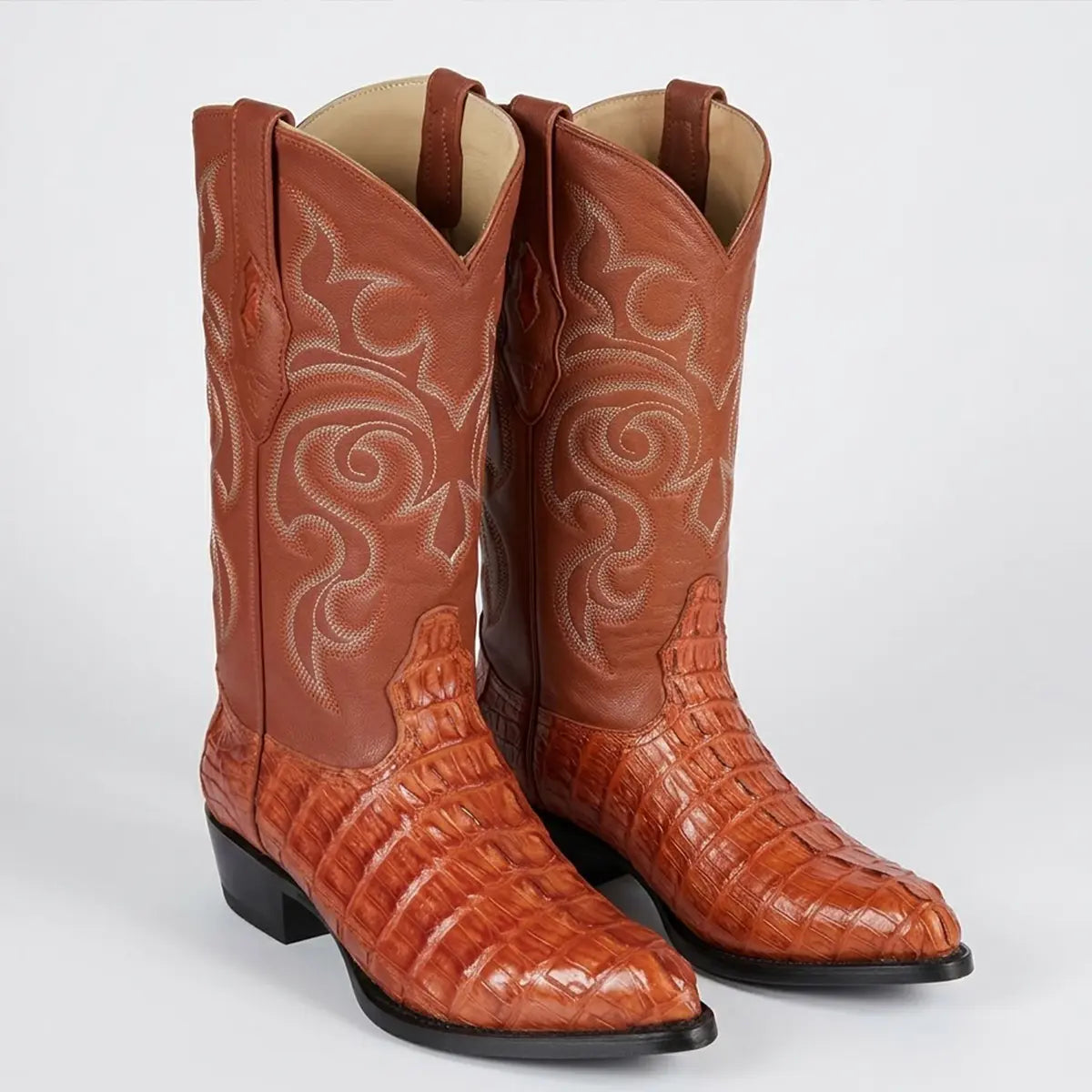 Studio pair shot of the Los Altos Men's Cognac Caiman Tail boots showing both left and right boots from a three-quarter angle on a white background.