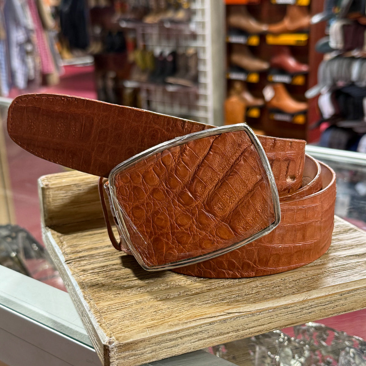 Genuine caiman belly cowboy belt cognac color.
