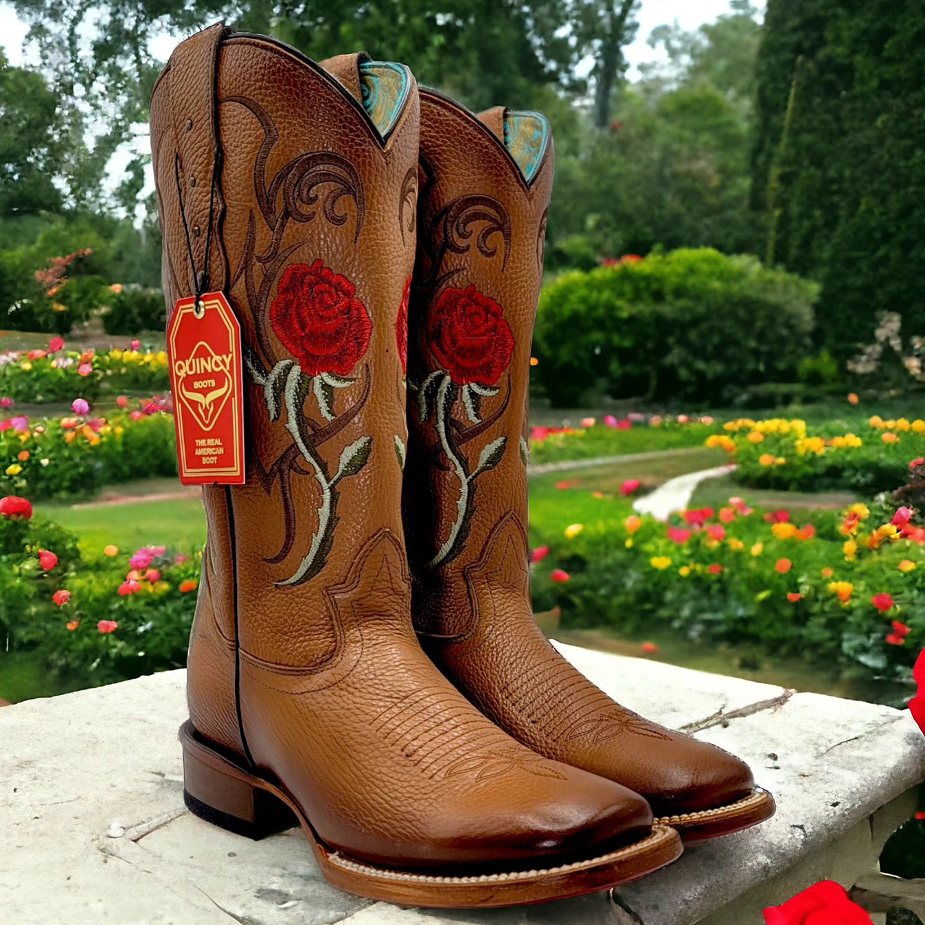 Cowgirl Boots With Red Roses - Quincy Boots