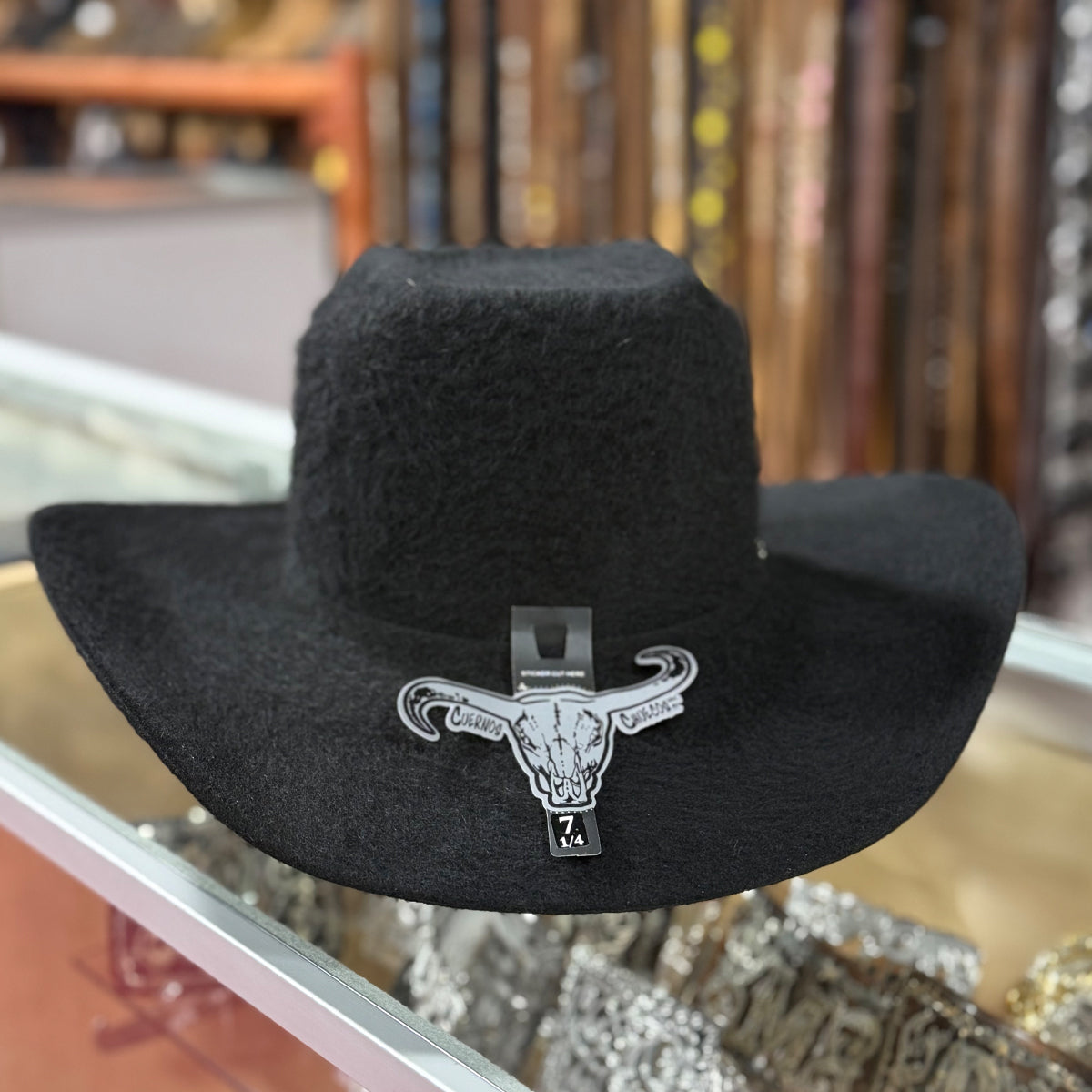 Cuernos Chuecos 10X brick crown grizzly black felt cowboy hat.