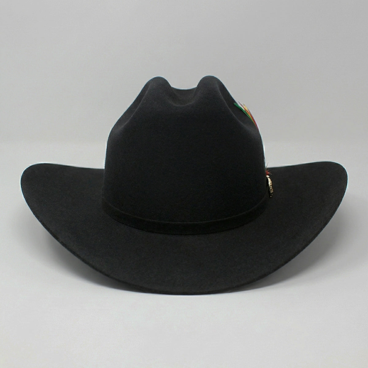 Front view of Cuernos Chuecos Chaparral 10X Black Cowboy Hat
