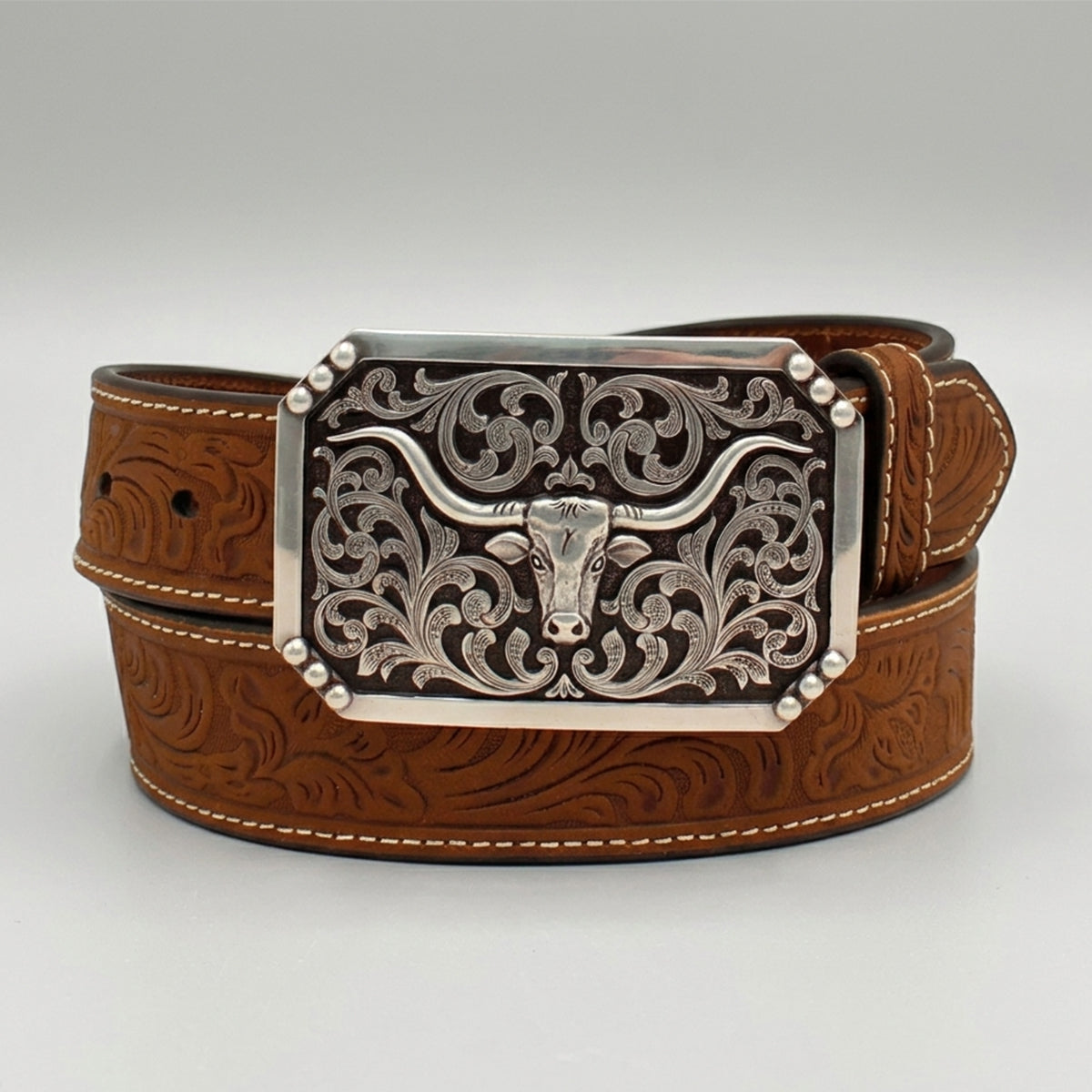 Nocona Men's Western floral tooled brown genuine leather belt with silver engraved Longhorn rectangular buckle.