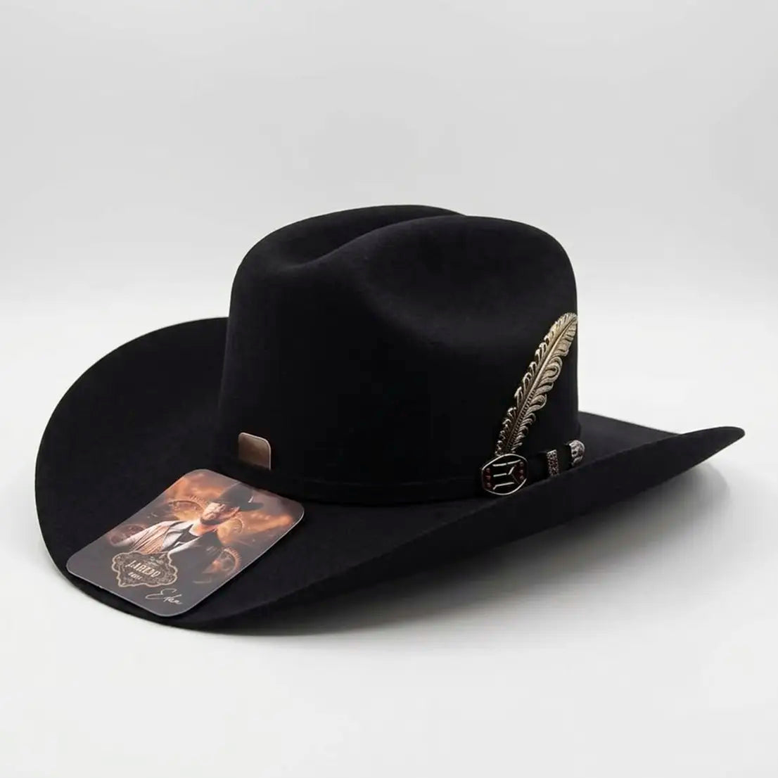 Three-quarter view of the official Laredo Hats Eden Muñoz black wool blend tejana showing the 4.5" crown, 3.75" brim, metallic feather pin, and authentic hang tag.