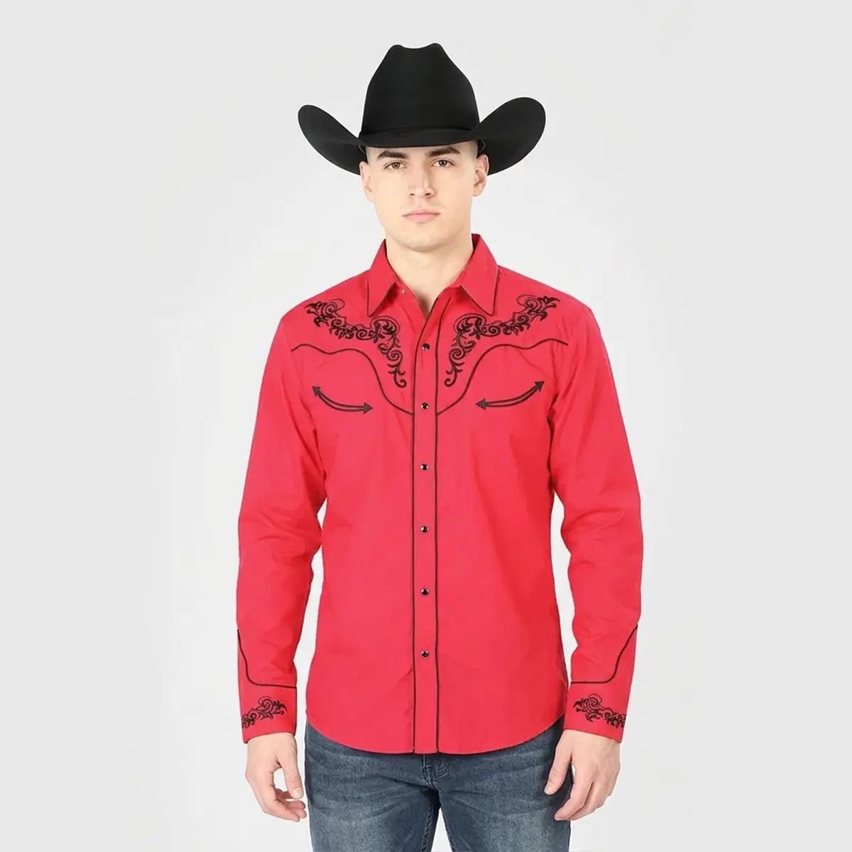 Front full-length view of a male model wearing the El General men's red traditional embroidered Western Charro shirt with black felt hat and jeans.