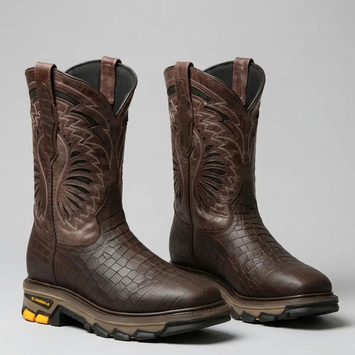 Pair studio view of the El General men's chocolate brown caiman print work boots showing the matching boots angled together on a neutral background.