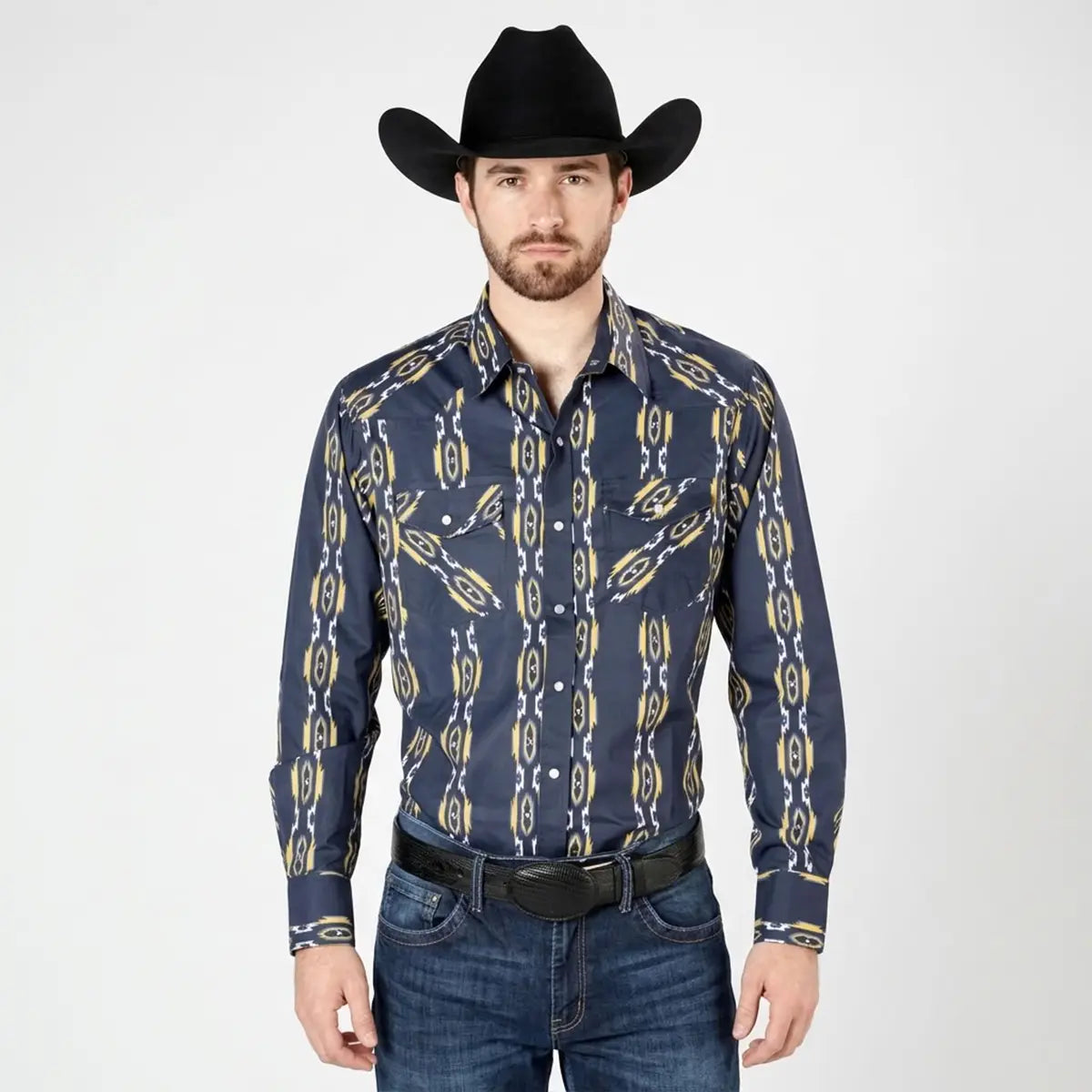 Front view of a male model wearing the El General by El Señor de los Cielos blue Aztec print Western shirt with black cowboy hat and jeans.