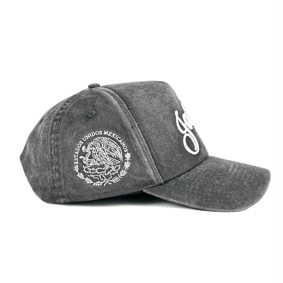 Fortyfive Hats Co. dark gray washed cotton snapback hat featuring white 3D script embroidered "Jalisco" on front and Mexican coat of arms on side.