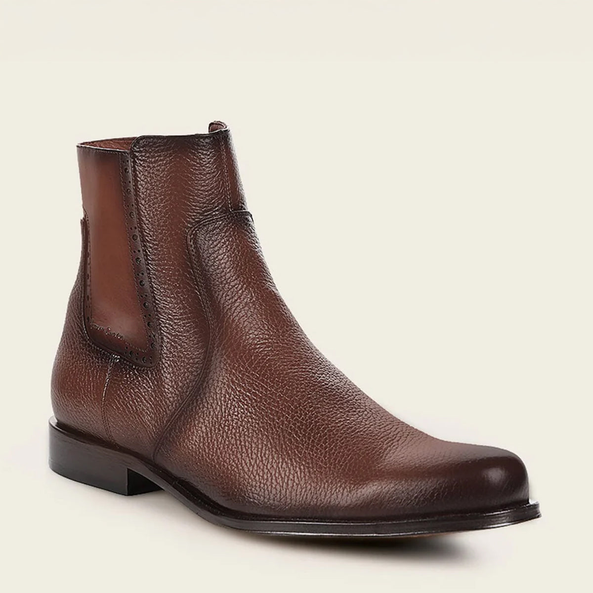 Cuadra men's brown deer leather Chelsea boot on a beige background.