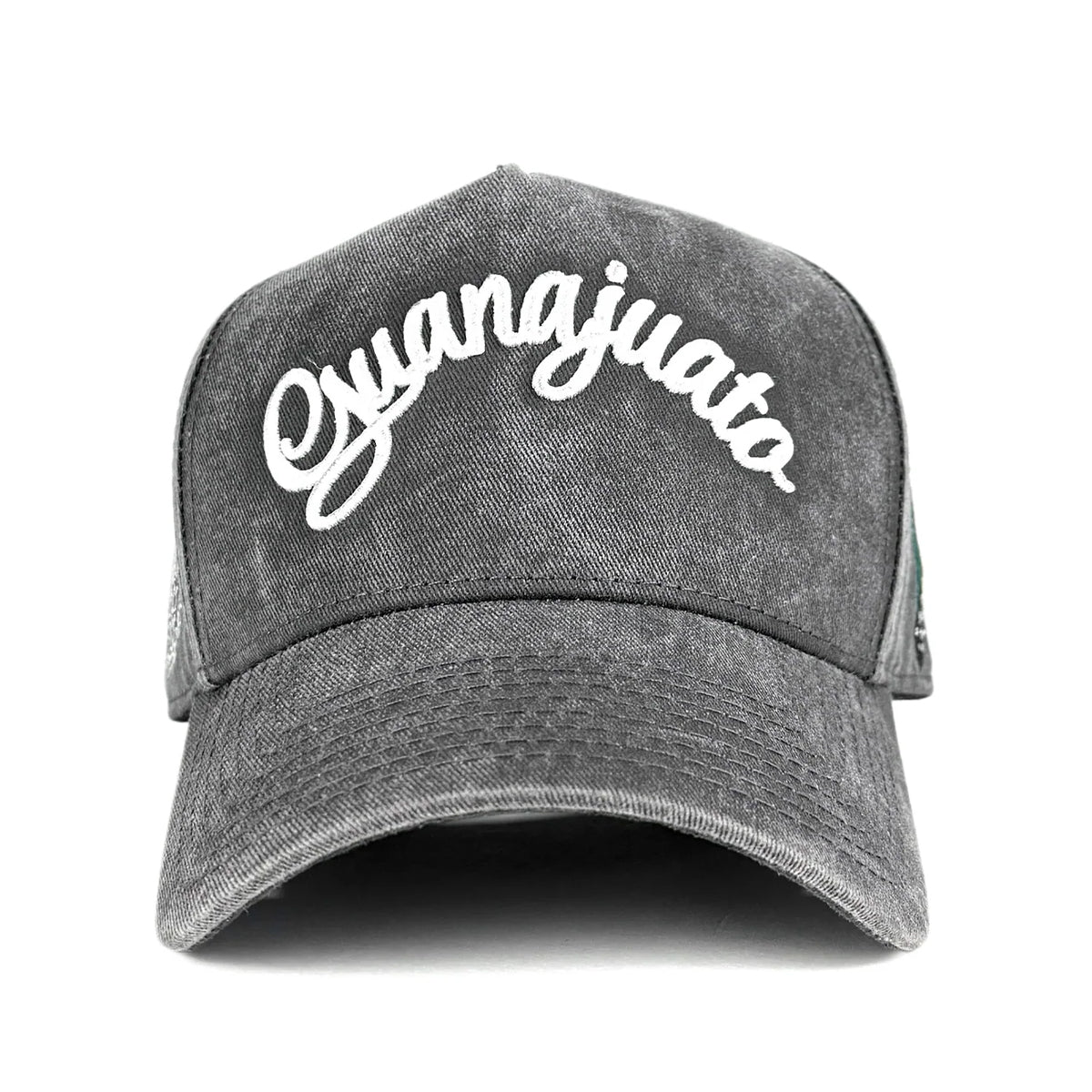 A dark gray acid-wash trucker cap featuring 'Guanajuato' embroidered in white script across the front, shown against a plain white background.