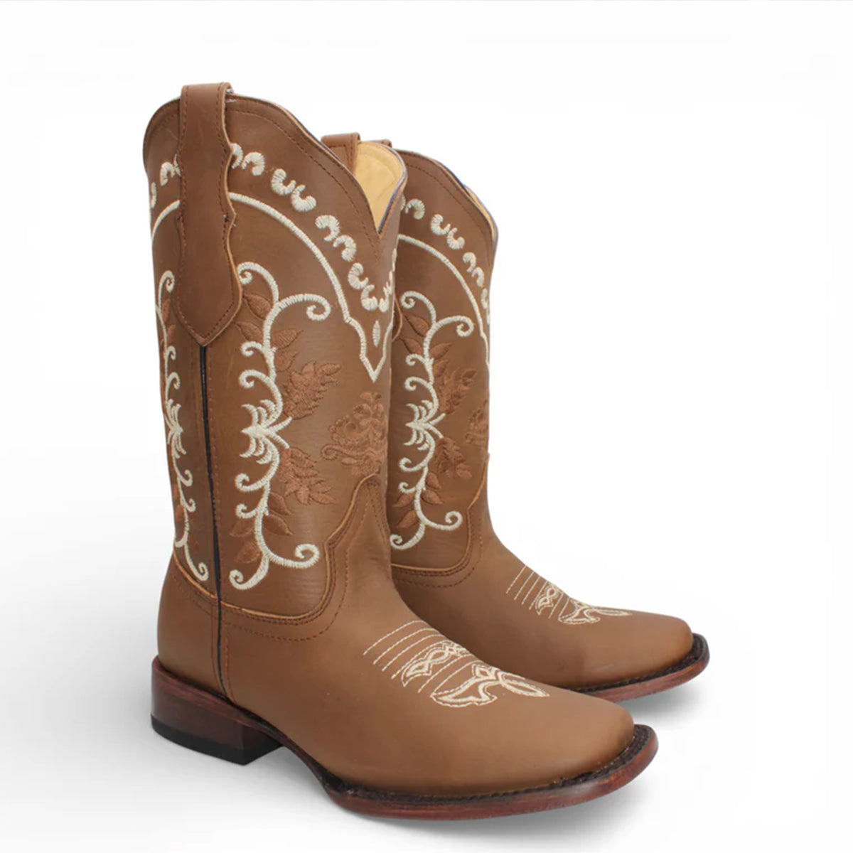 Hooch women's tan brown flowered embroidered square toe cowgirl boots.