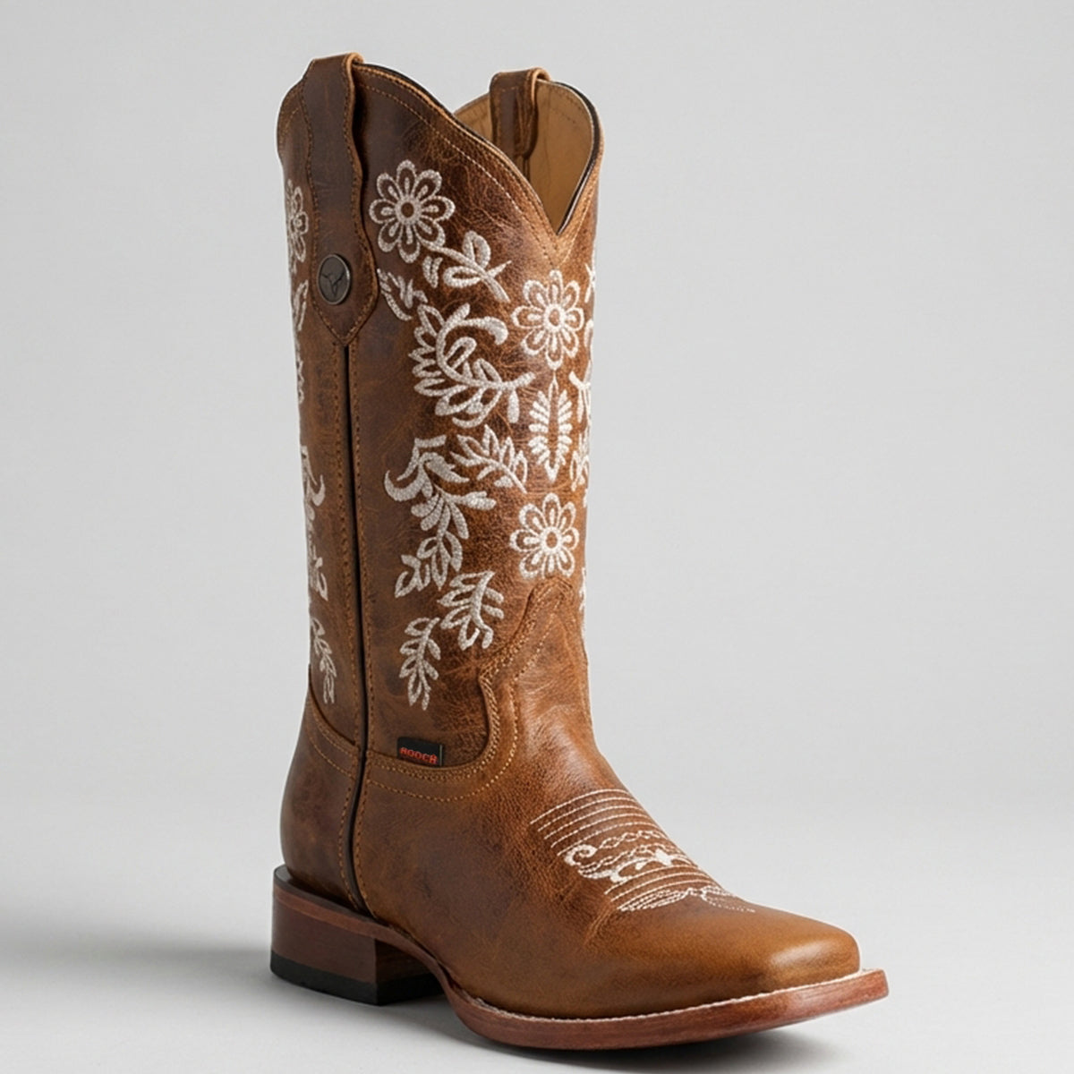 Hooch women's light brown leather square toe cowgirl boot.