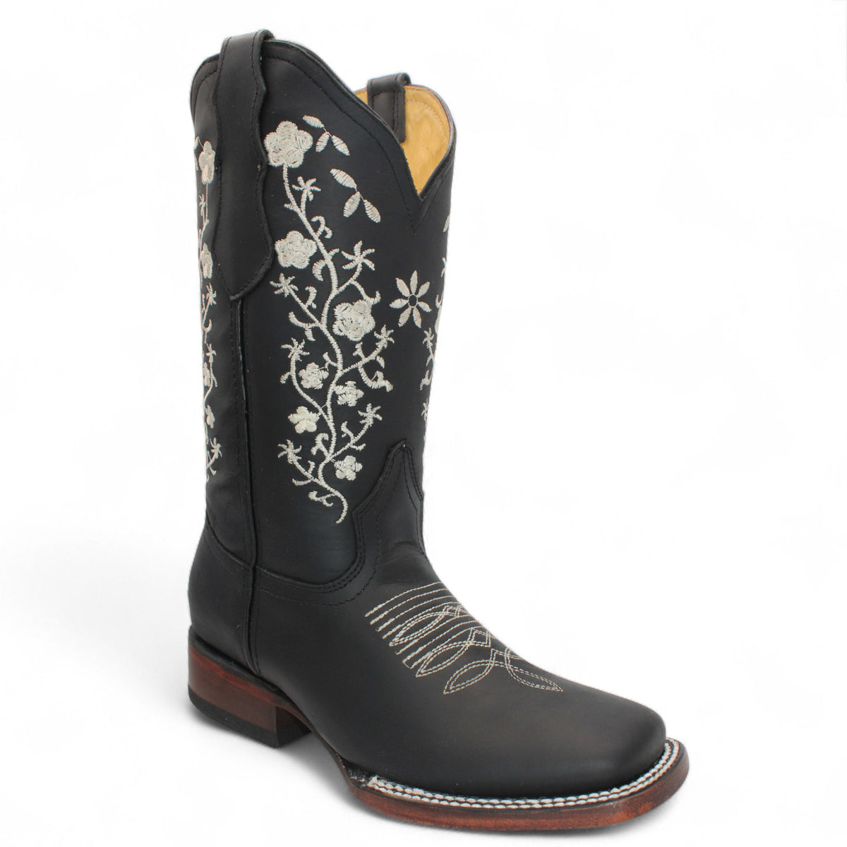 Hooch Flowered Black Square Toe Cowgirl Boot