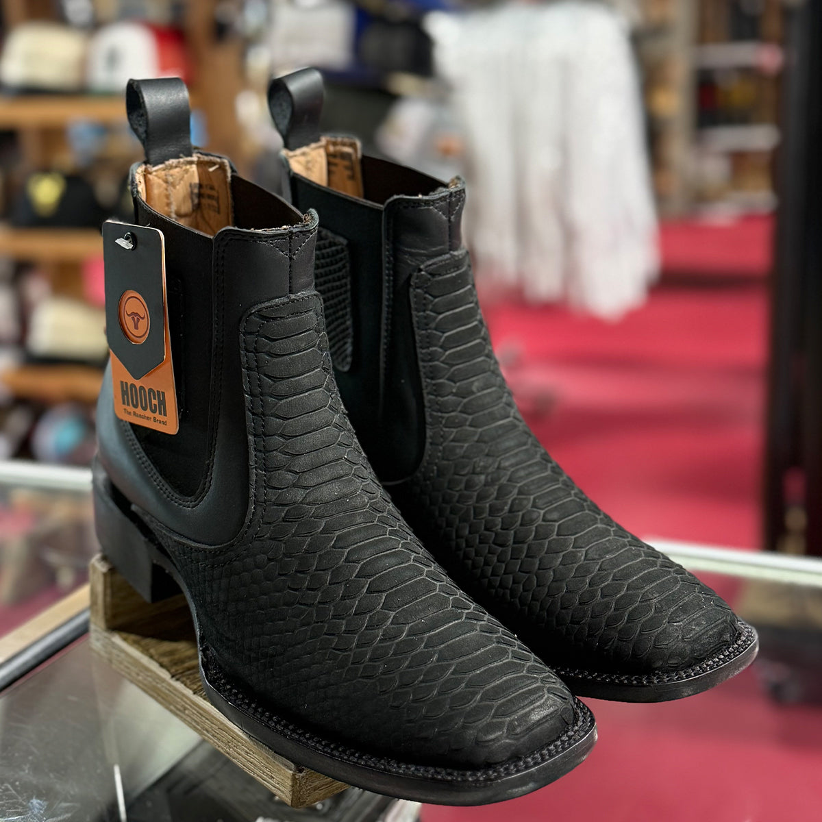 Hooch men's black python snakeskin print square toe boots.