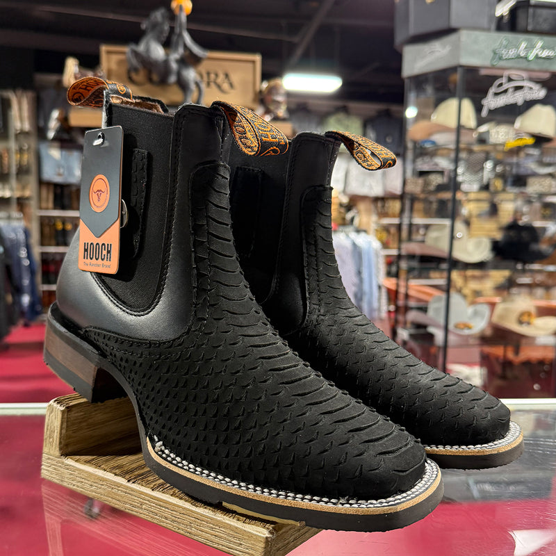 Hooch Matte Black Python Print Square Toe Boots
