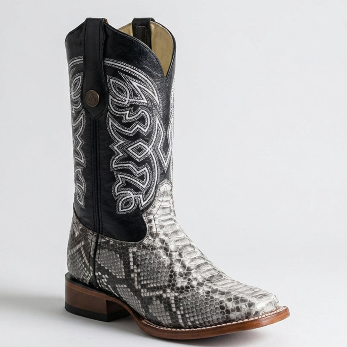 Hooch men's natural color python snake print western boot square toe profile.