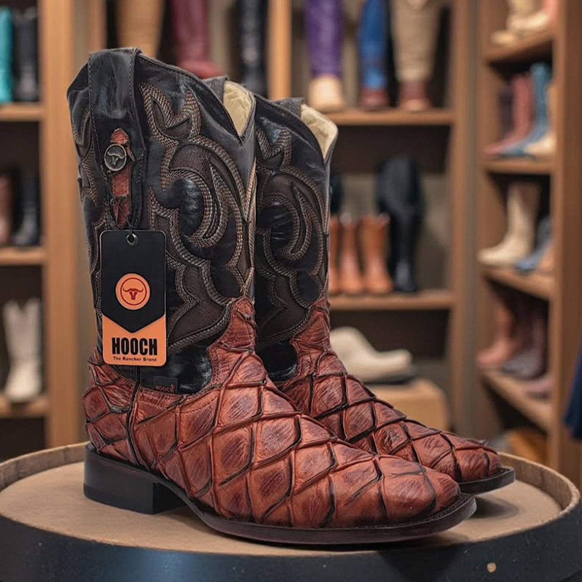 Hooch Men's Cognac Brown Pirarucu Print Square Toe Cowboy Boots