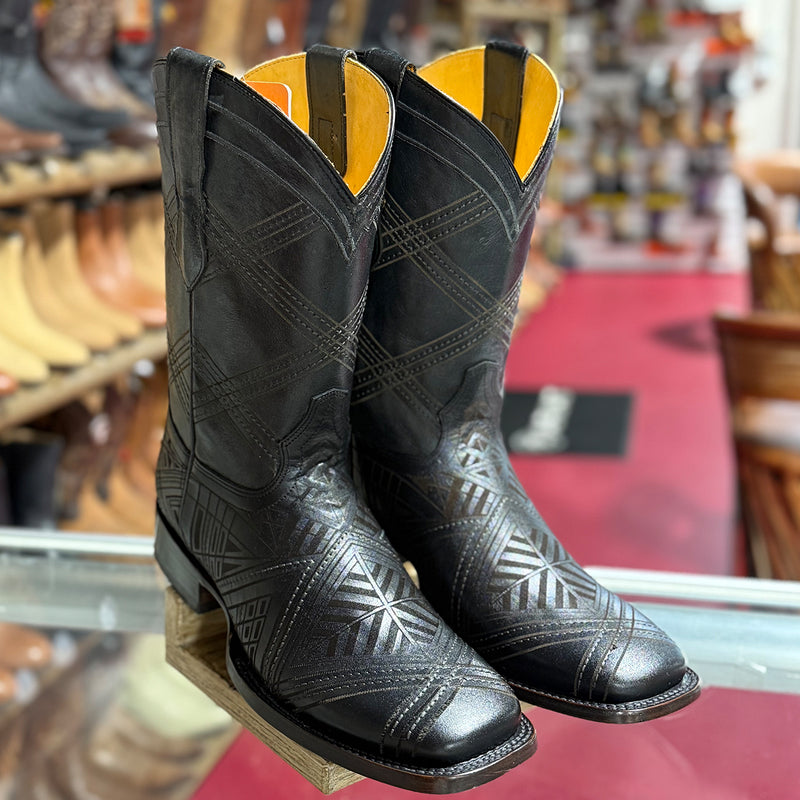 Laser Engraved Black Square Toe Cowboy Boots