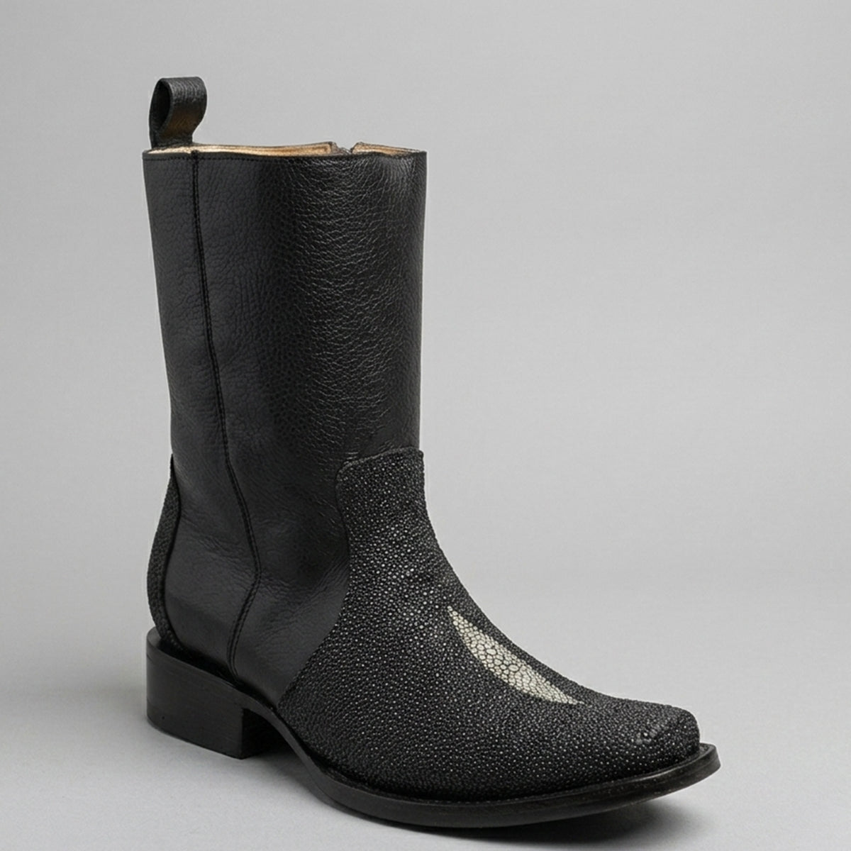 Hooch Boots men's black Dubai toe boot featuring stingray-style embossed leather with a single pearl accent and side zipper.