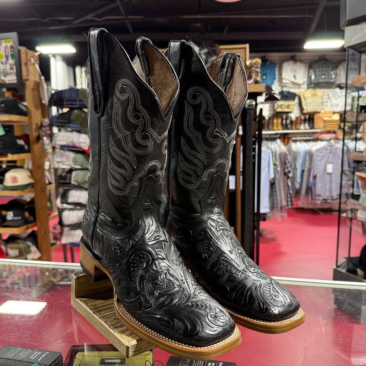 Black Hand Tooled Square Toe Boots