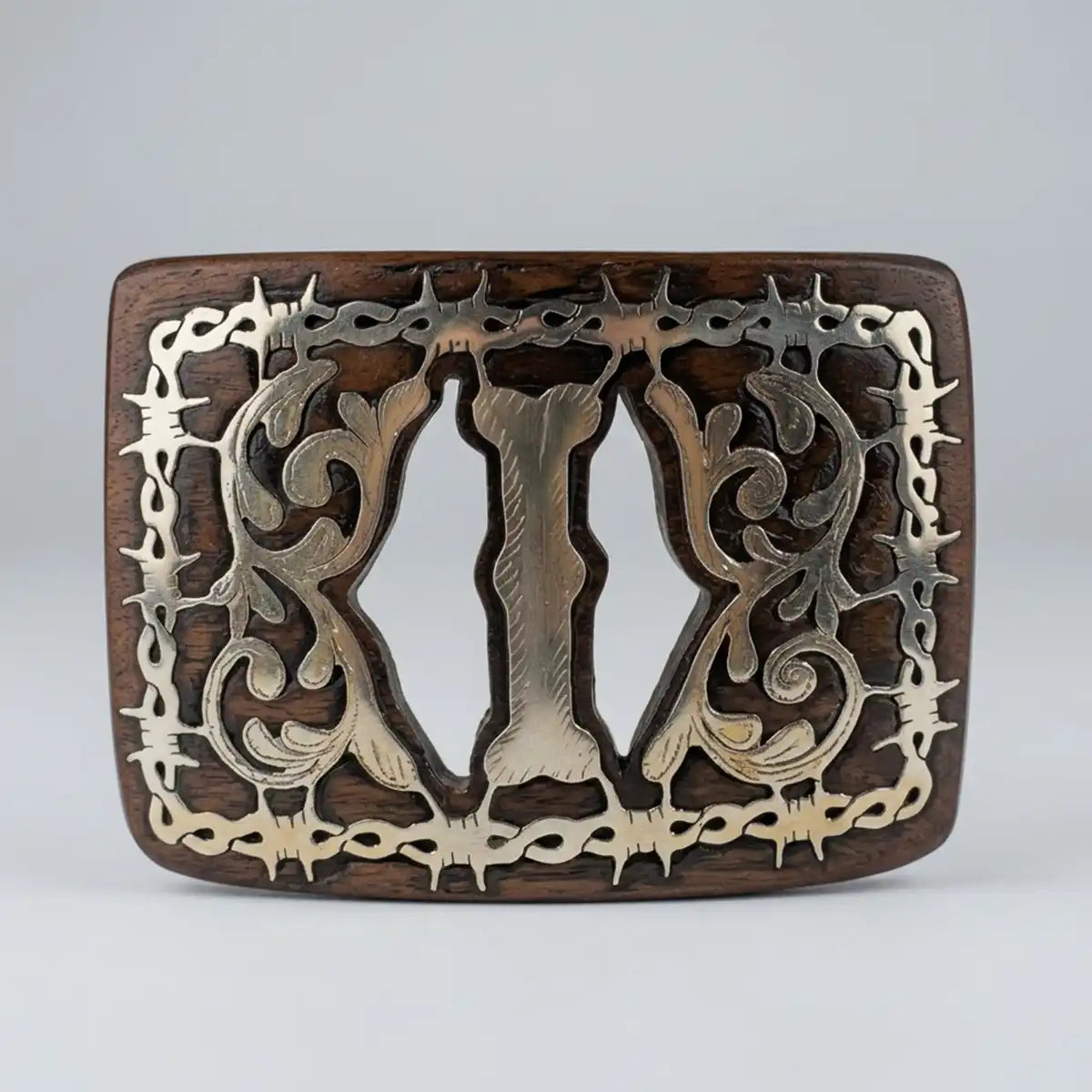 Studio white background view of the mesquite wood belt western buckle highlighting the polished letter I and intricate scrollwork.