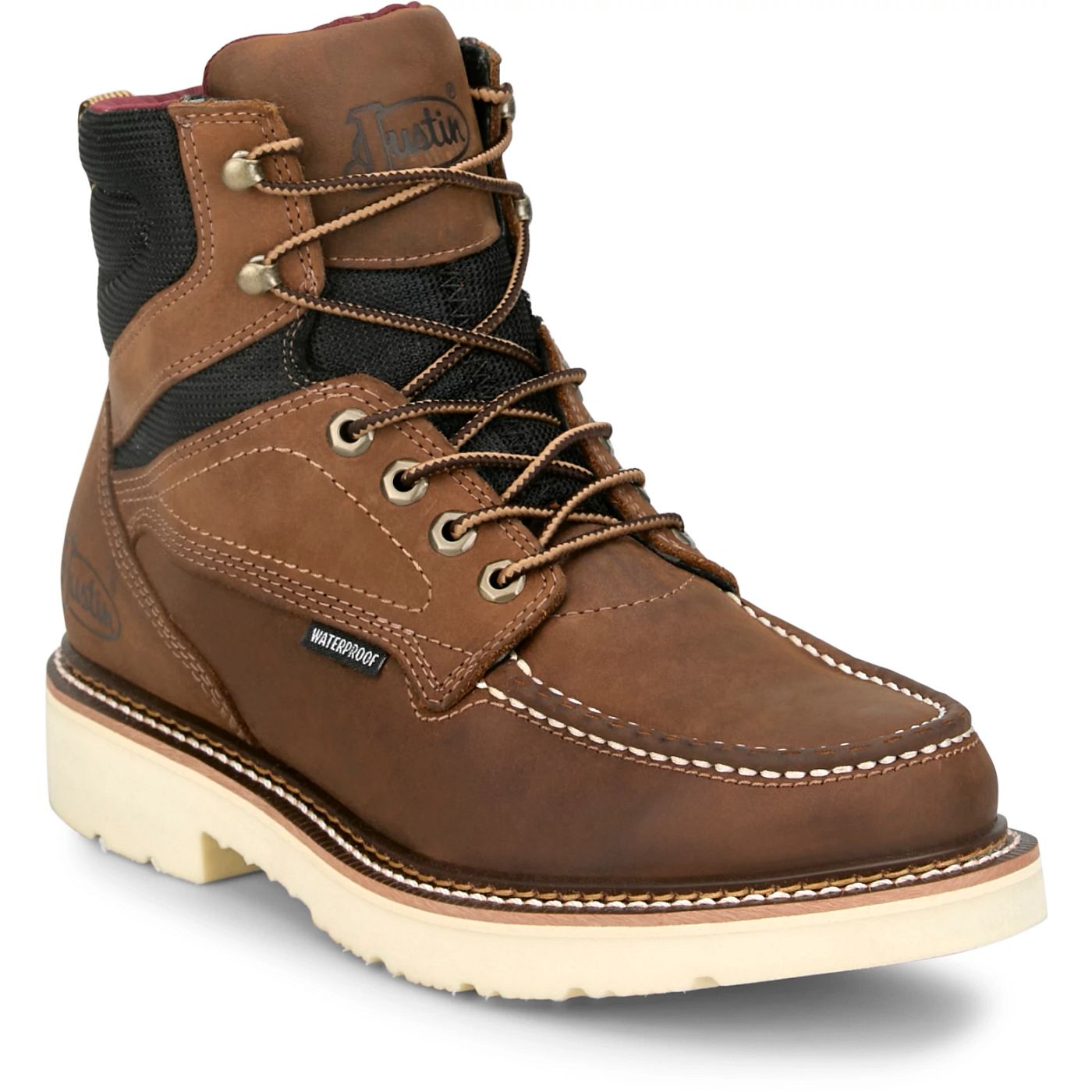 Justin men's brown leather mocc toe work boot with visible brand logo on a white background.