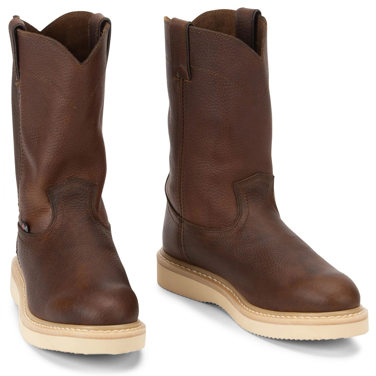 Pair of men's Justin brown leather work boots on a white background.