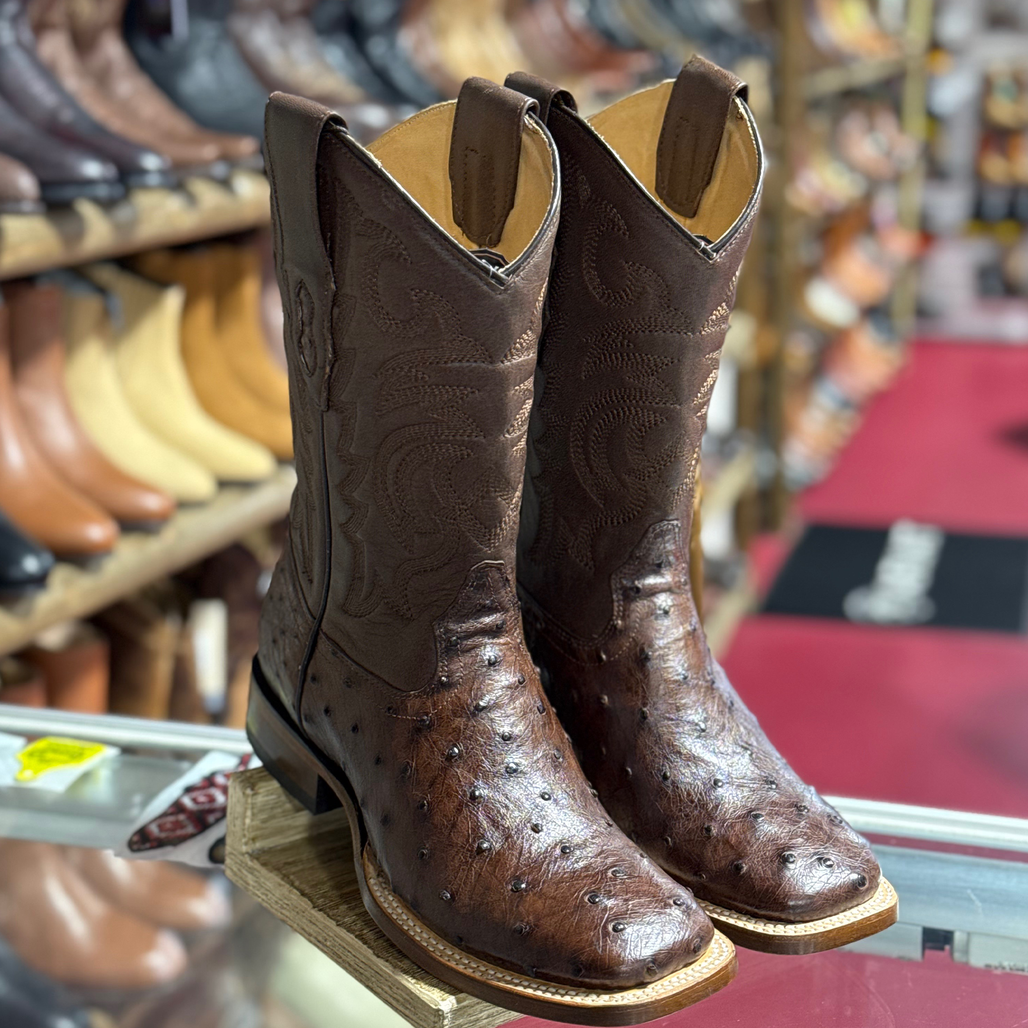 Brown Ostrich Square Toe Cowboy Boots