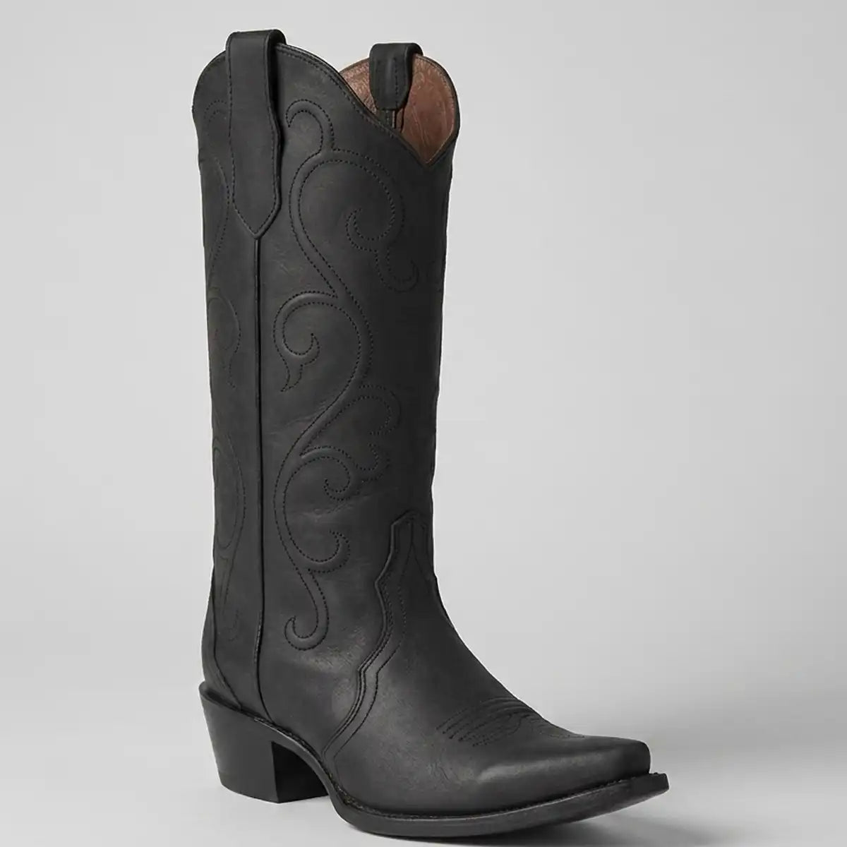 Studio side profile of the Circle G by Corral Women's black tall embroidered boot showing the 13-inch shaft and snip toe.