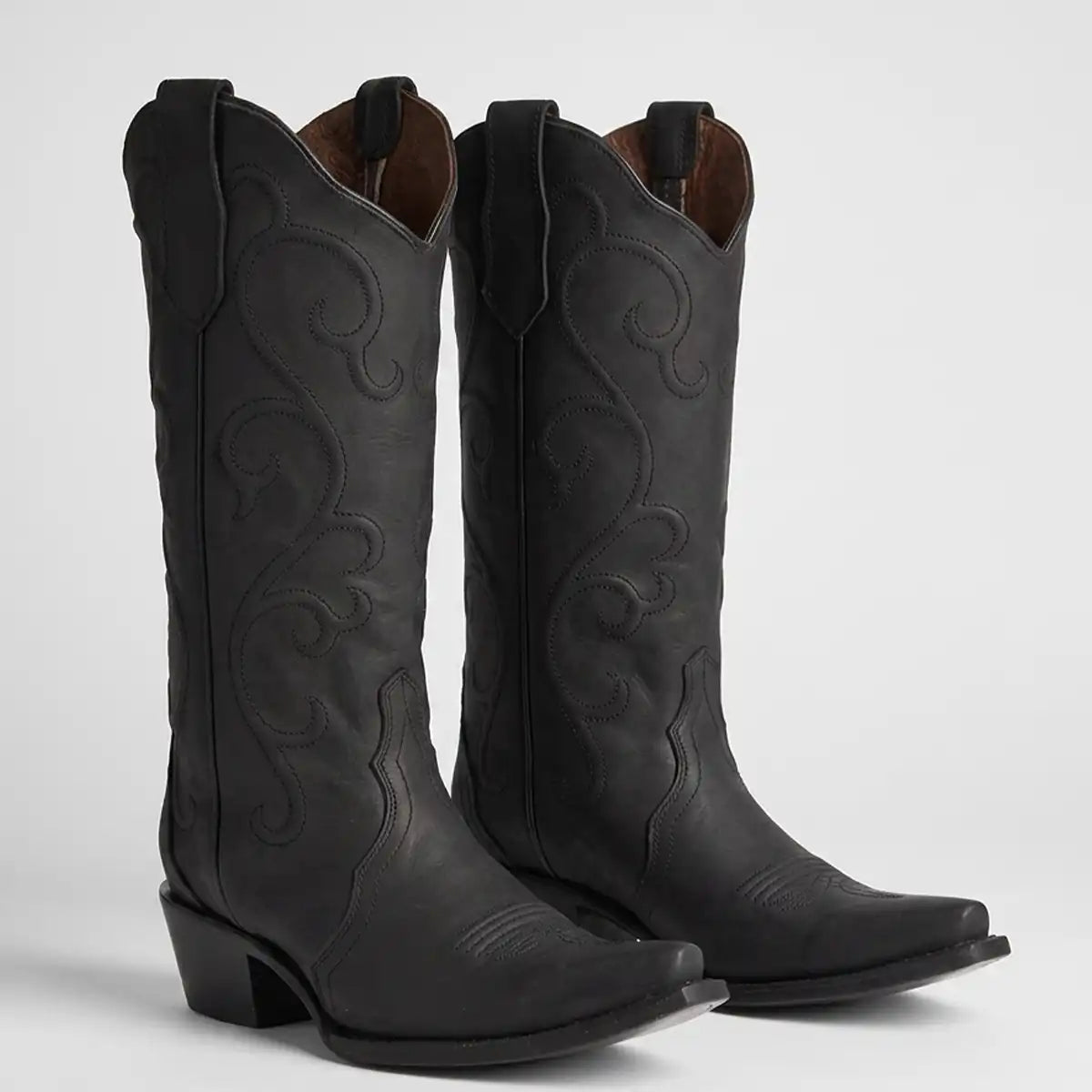 Circle G by Corral Women's black tall embroidered cowgirl boot showing the 13-inch shaft and snip toe.