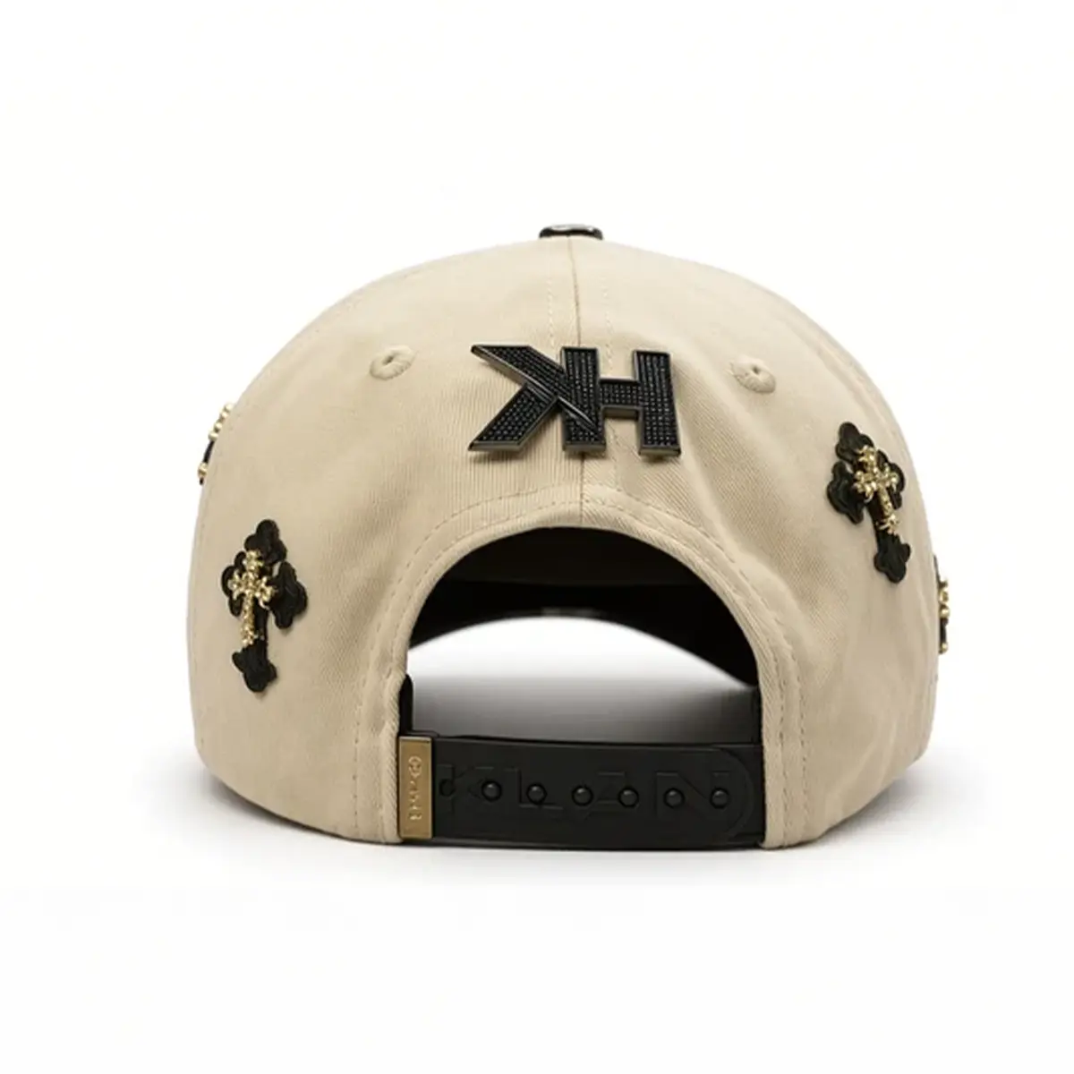 Rear view of the Klan Hats LA Chrome cap displaying the 3D KH logo, adjustable black snapback strap, and metallic gold tag.