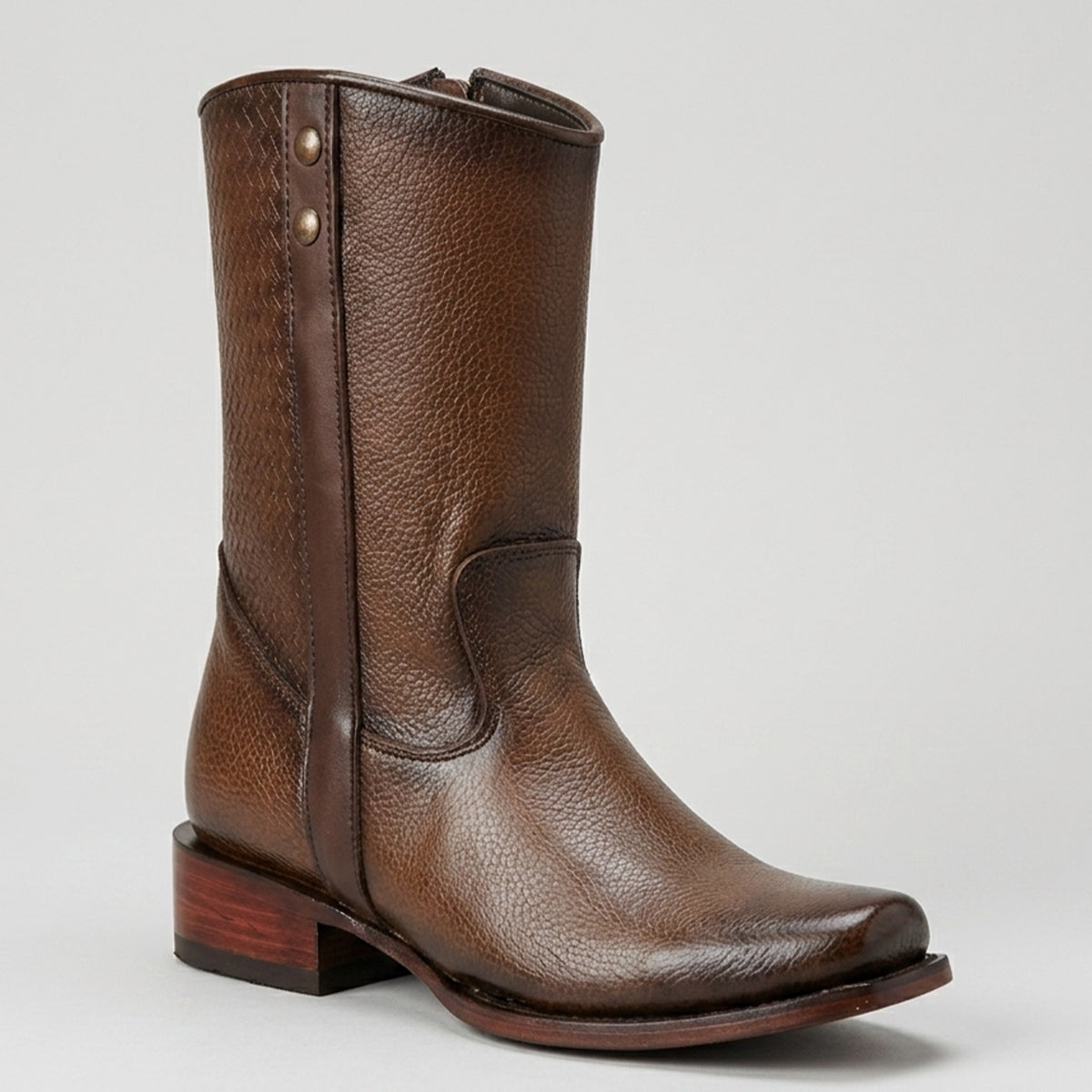 La Sierra Men's brown pebbled leather boot with semi-square toe, woven texture back shaft, inner side zipper closure, and stacked block heel.