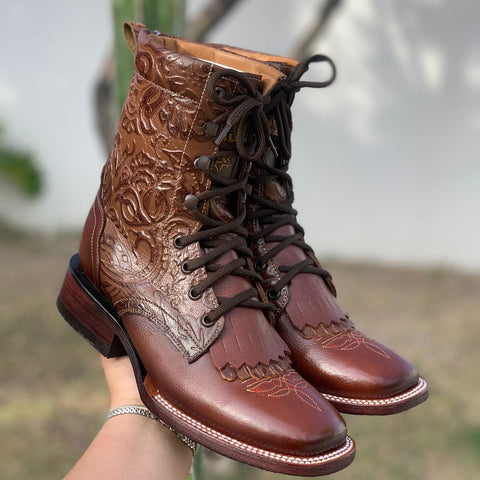 Lace Up Cowgirl Boots Tooled Print Square Toe Lace Up Cowgirl Boots Tooled Print Square Toe