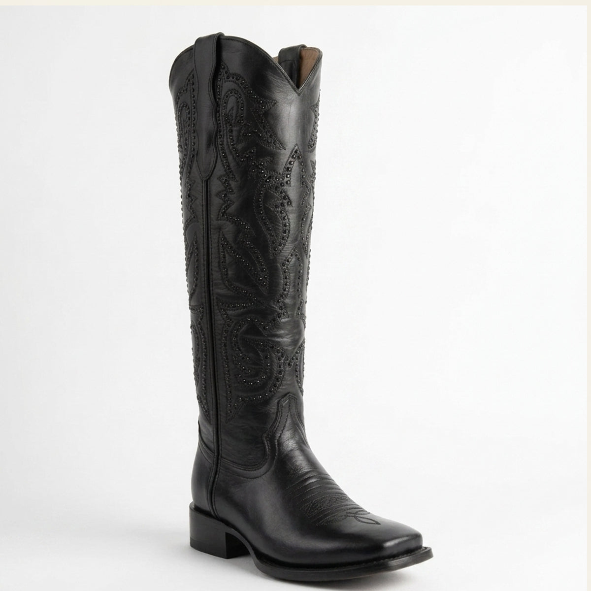 Lirac Dakota 17-inch women's black leather high shaft cowboy boot featuring tone-on-tone western embroidery with stud accents and a square toe profile.