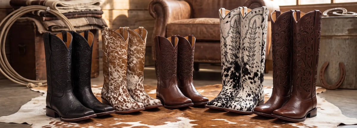 Five pairs of western cowgirl boots in various styles, colors, and patterns, arranged on a cowhide rug in a rustic western-themed room.