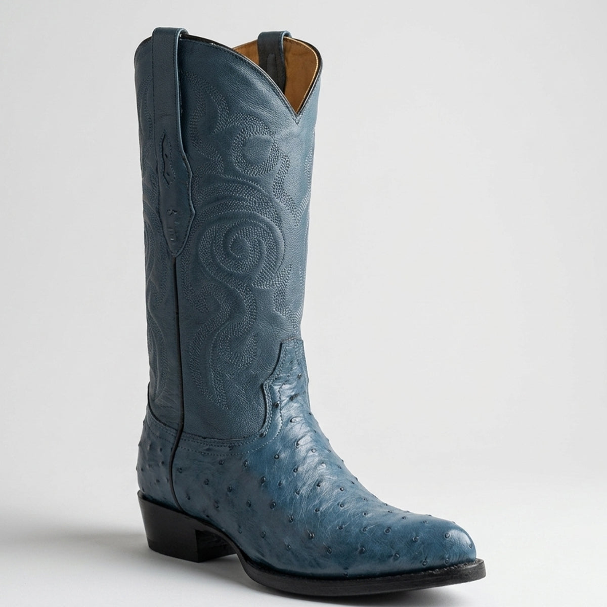 Los Altos men's blue jean full quill ostrich leather western boot in j-toe profile.