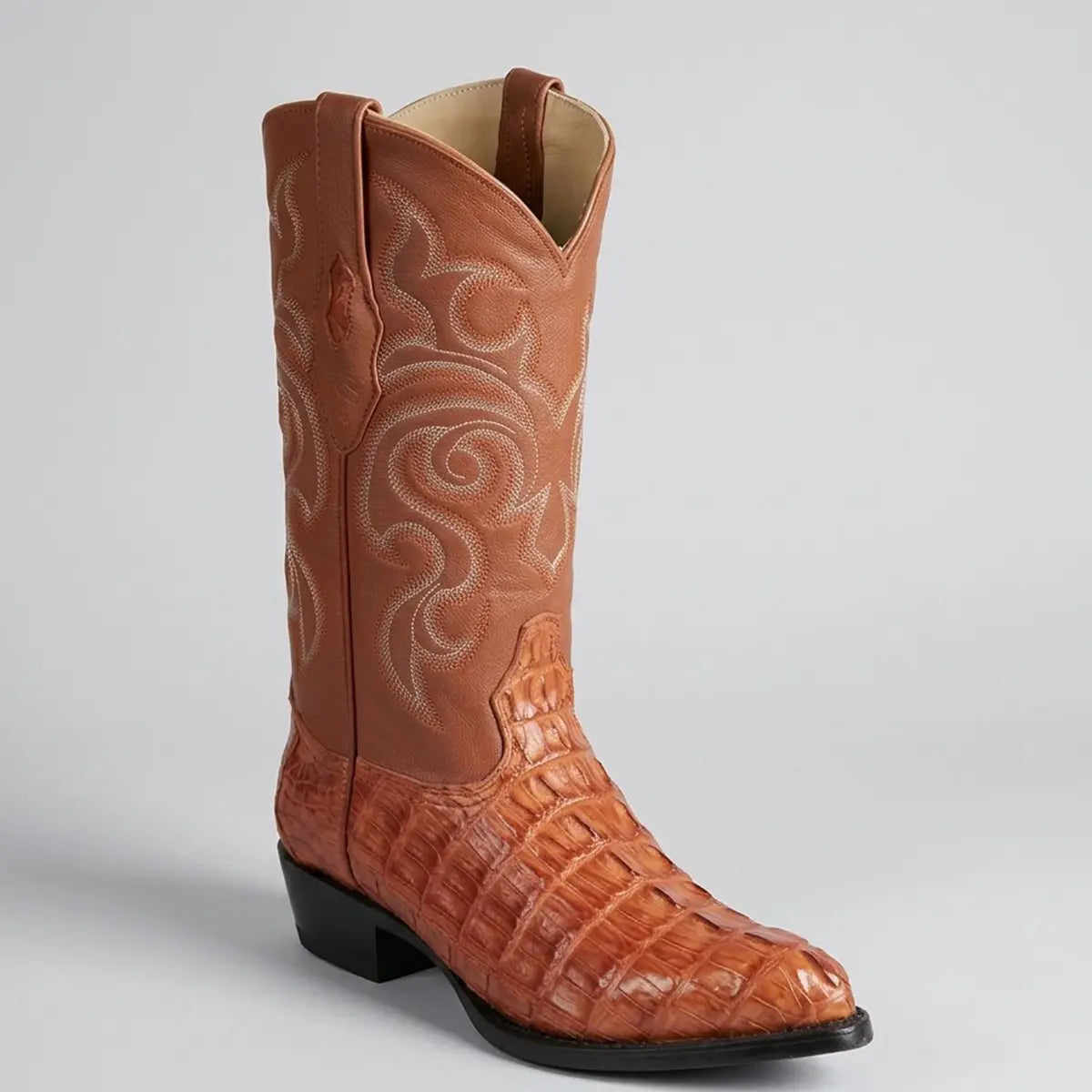 Studio single boot shot of the Los Altos Men's Cognac Caiman Tail boot showcasing the J-toe profile, 13" stitched shaft, and genuine exotic scale texture.