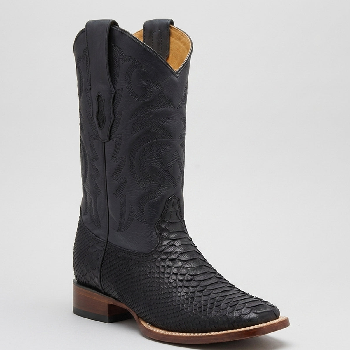 Los Altos men's western cowboy boot featuring a black suede python leather foot, a matching black leather shaft with intricate stitching, and a square toe.