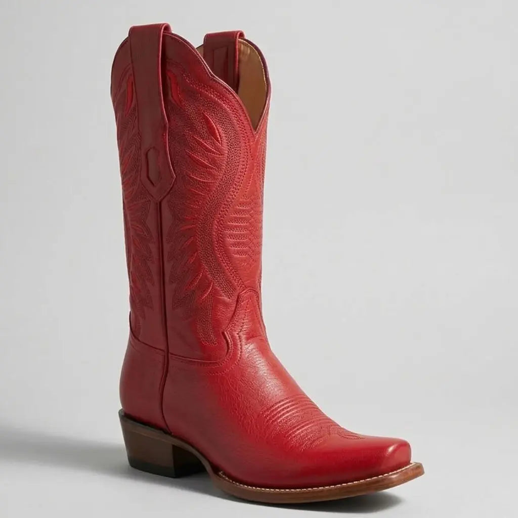 Studio single profile view of the Los Altos Women's Red Cutter Toe boot highlighting the elevated 3-inch heel and Western shaft embroidery.