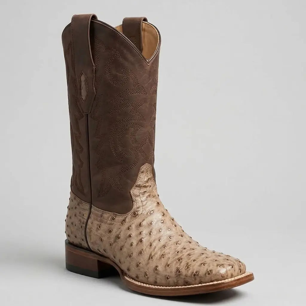 Single studio profile view of the Los Altos Men's moka and beige full quill ostrich square toe boot displaying the quill pattern, 12-inch shaft, and walking heel.